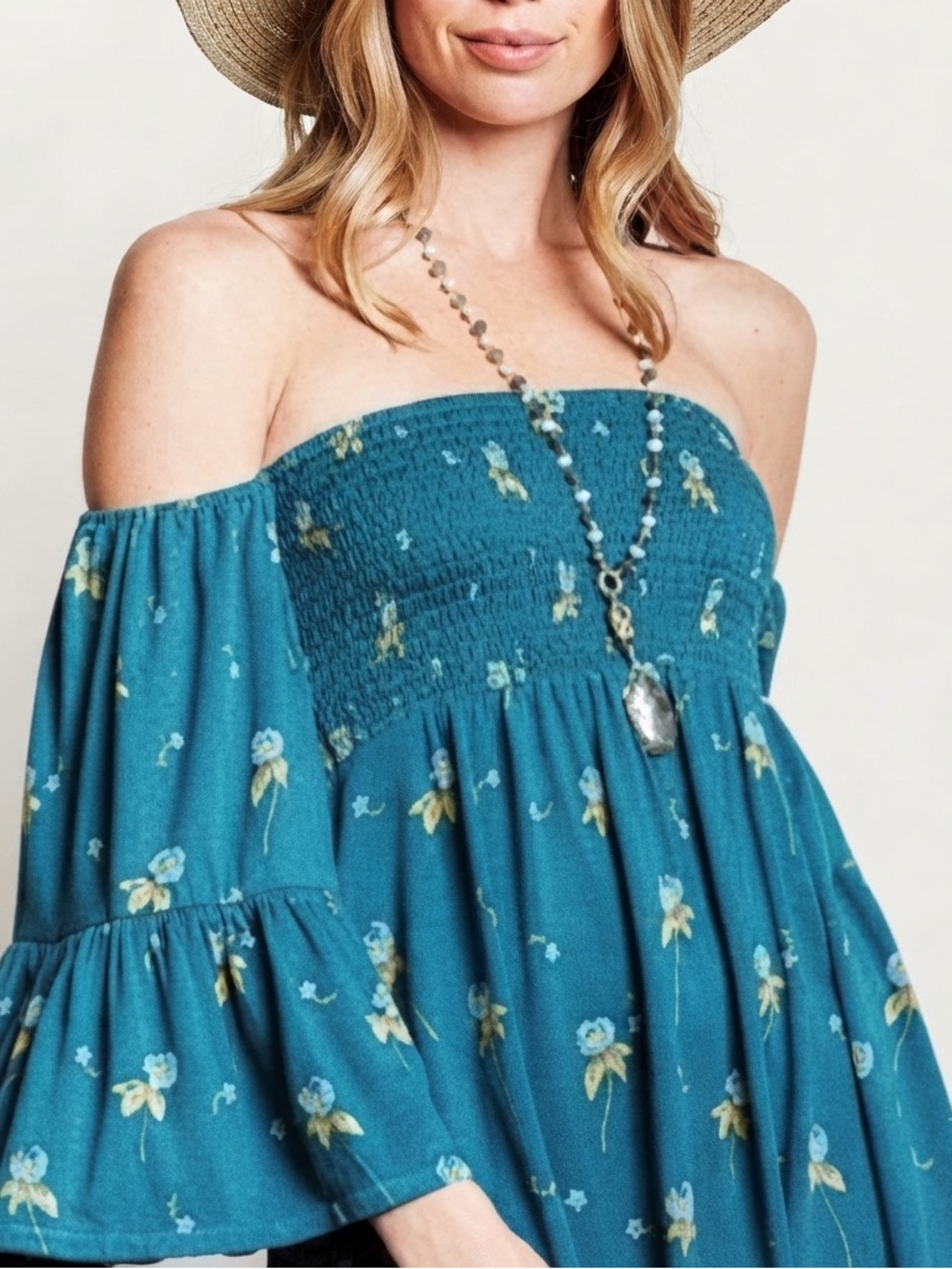 Free People Lana Off-the-Shoulder Tunic in Mermaid Blue Size Med NWT